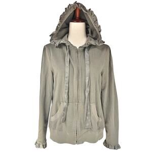 TRUE GRIT Full-Zip Ruffle Trim Hoodie in Dusty Olive Green Size M Forest Fairy